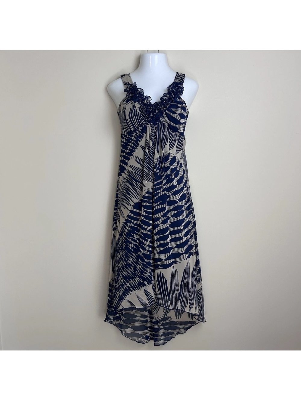St Tropez West sun dress Women’s 8 Blue Beige Abstract Print Maxi Ruffles